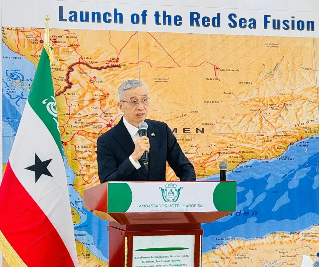 A speaker at a podium beside the Somaliland flag, in front of a large map of Yemen and the Gulf of Aden