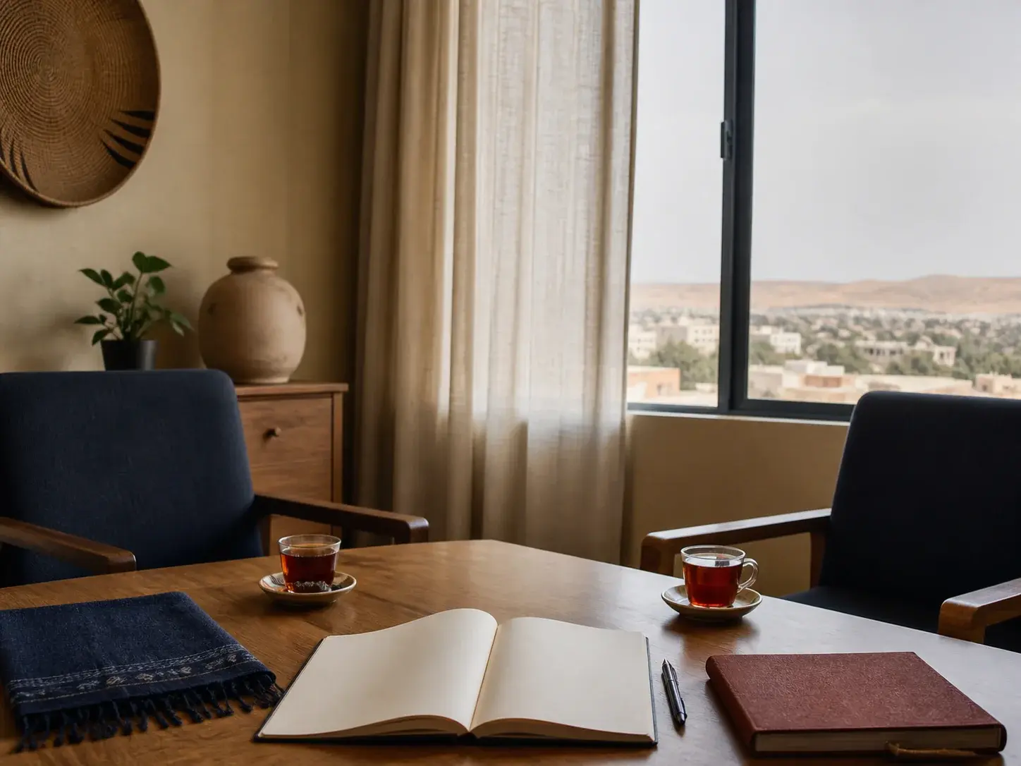 A welcoming meeting table prepared for a professional conversation