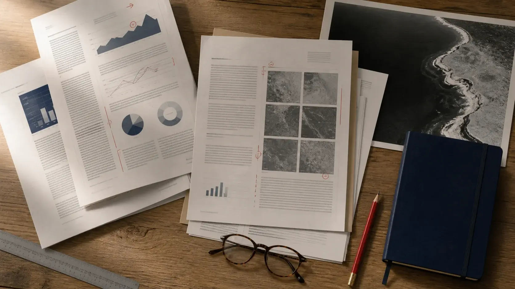 Research papers, charts and editorial notes arranged for review
